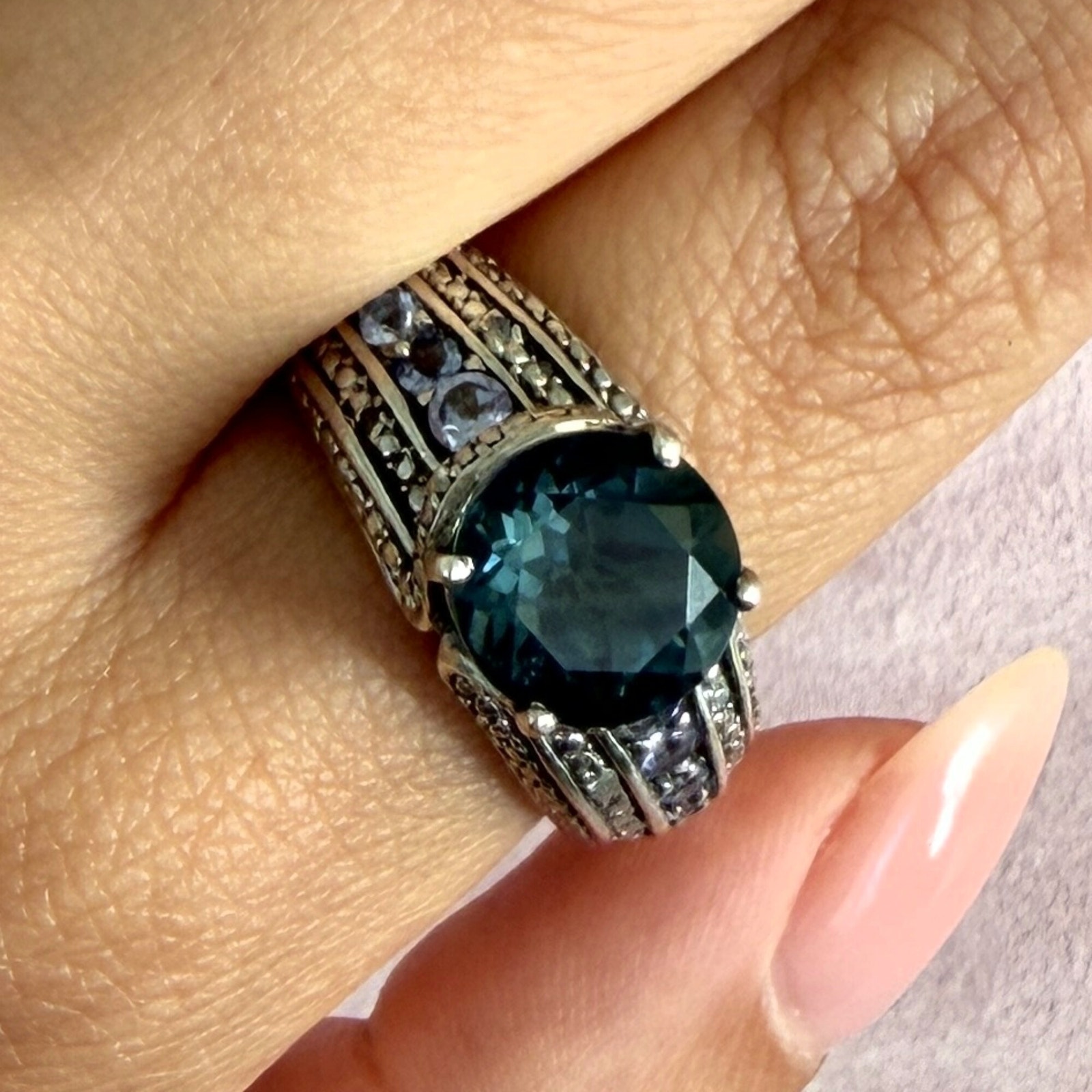 Sterling Silver Round-Cut Blue Spinel & Cz Ring Size 9.75